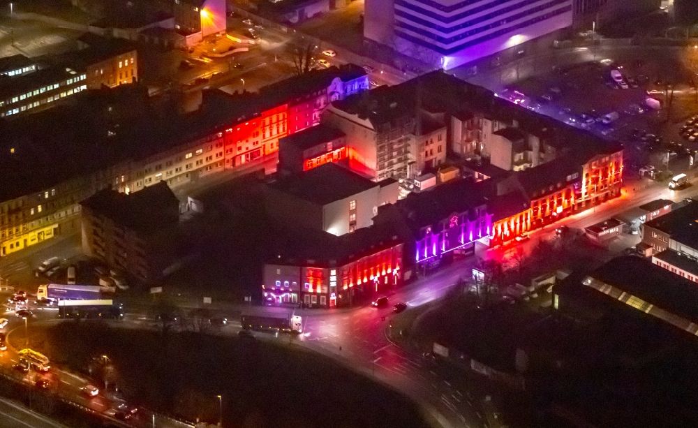 Aerial image at night Duisburg - Night lighting street and prostitution center for commercial sex service on charlottenstrasse in the district Neuenkamp in Duisburg in the state North Rhine-Westphalia