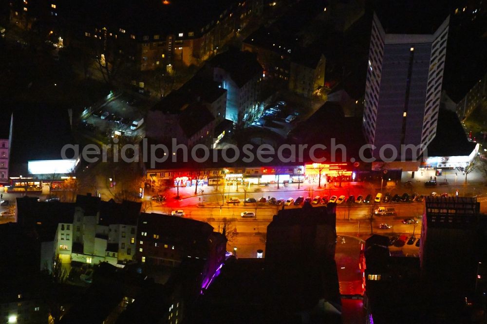 Aerial image at night Hamburg - Night lighting street and prostitution center for commercial sex service auf of Reeperbahn in the district Sankt Pauli in Hamburg, Germany