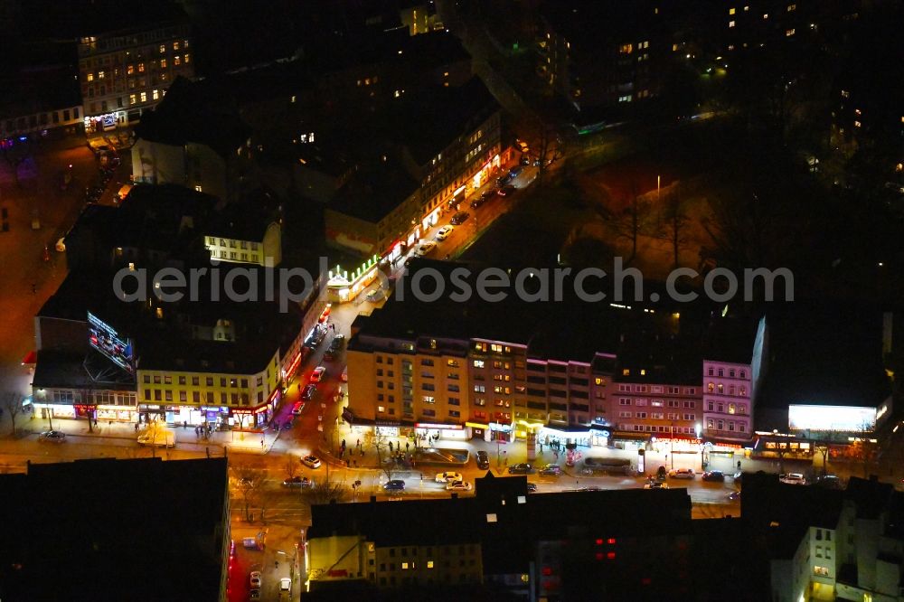 Hamburg at night from above - Night lighting street and prostitution center for commercial sex service auf of Reeperbahn in the district Sankt Pauli in Hamburg, Germany