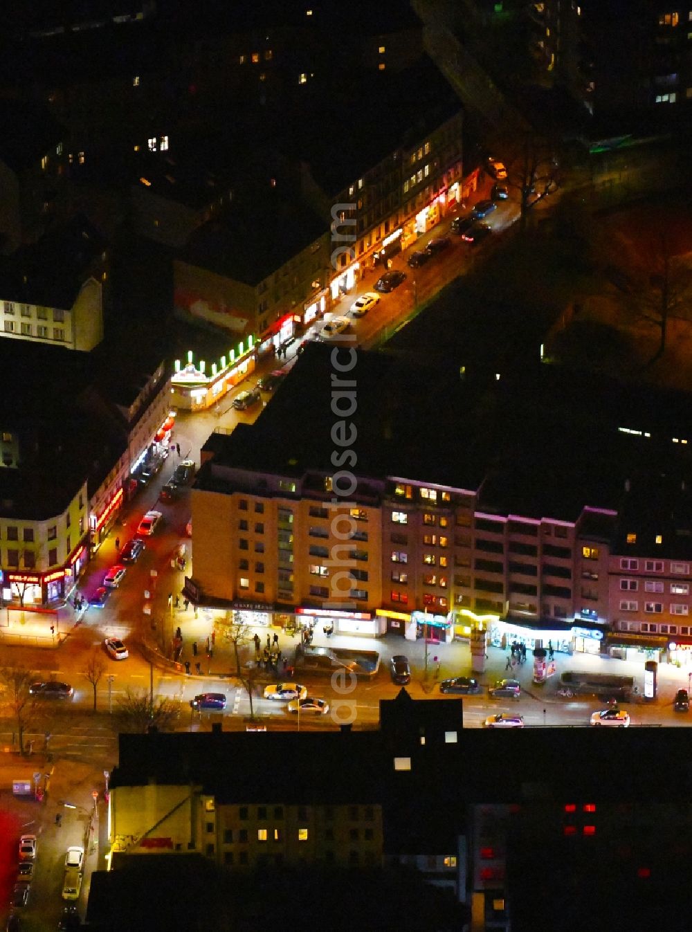 Hamburg at night from the bird perspective: Night lighting street and prostitution center for commercial sex service auf of Reeperbahn in the district Sankt Pauli in Hamburg, Germany