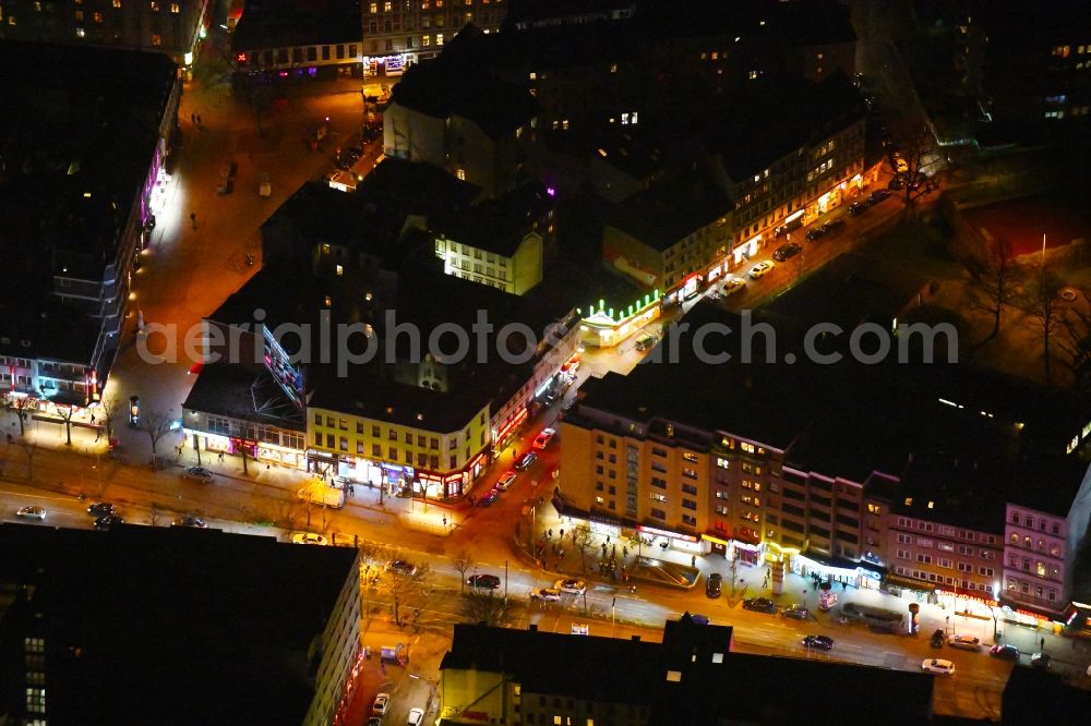 Aerial photograph at night Hamburg - Night lighting street and prostitution center for commercial sex service auf of Reeperbahn in the district Sankt Pauli in Hamburg, Germany