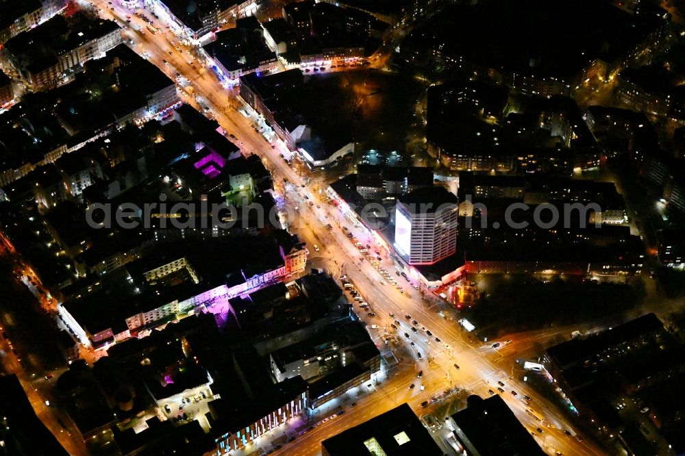 Hamburg at night from the bird perspective: Night lighting street and prostitution center for commercial sex service on Reeperbahn in the district Sankt Pauli in Hamburg, Germany
