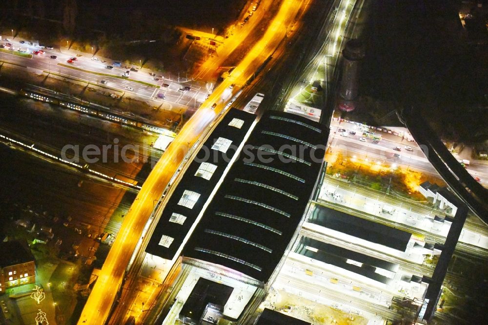 Aerial image at night Berlin - Night lighting Route expansion station - Warschauer road to east cross rail station Ostkreuz Friedrichshain district of Berlin