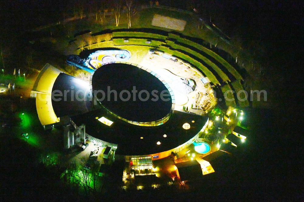 Hohenfelden at night from above - Night lighting Spa and swimming pools at the swimming pool of the leisure facility in Hohenfelden in the state Thuringia, Germany