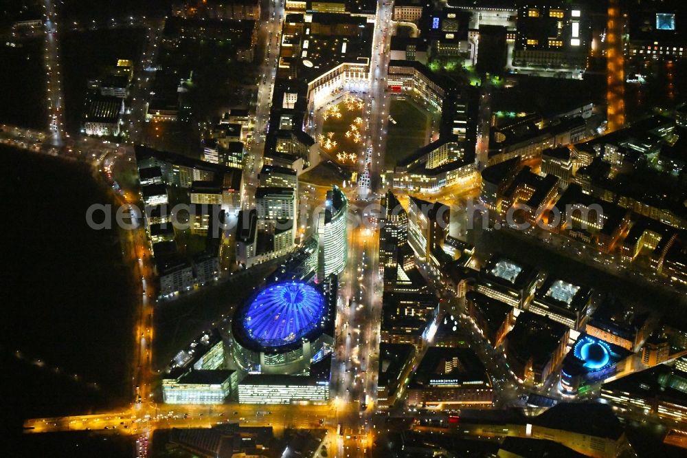 Aerial photograph at night Berlin - Night lighting Tourist attraction and sightseeing Potsdamer and Leipziger Platz in the district Mitte in Berlin, Germany