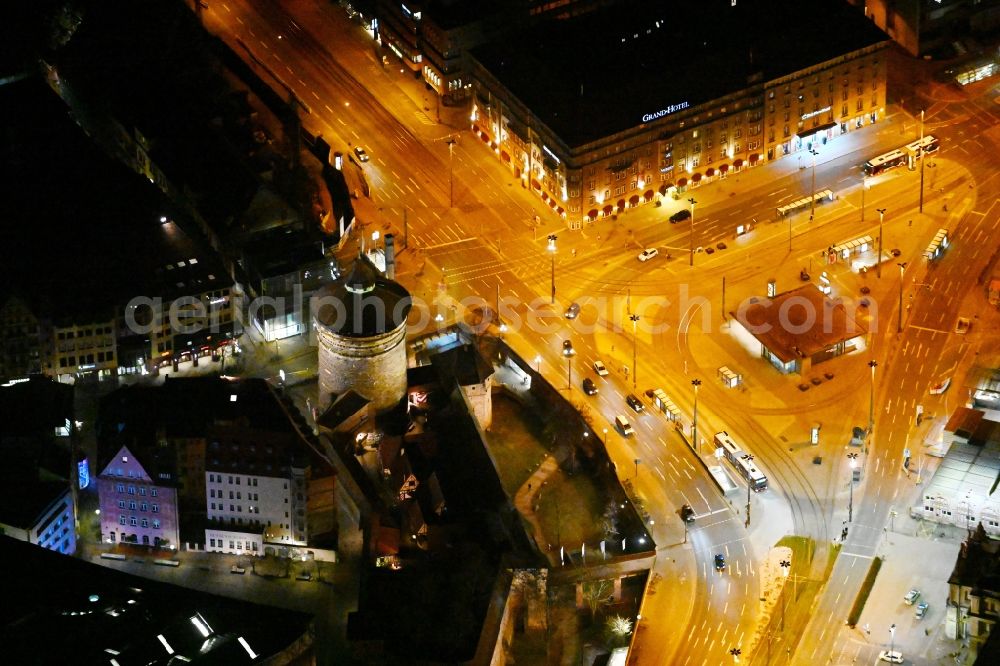 Aerial image at night Nürnberg - Night lighting tower building Frauentorturm on Koenigstrasse the rest of the former historic city walls in Nuremberg in the state Bavaria, Germany