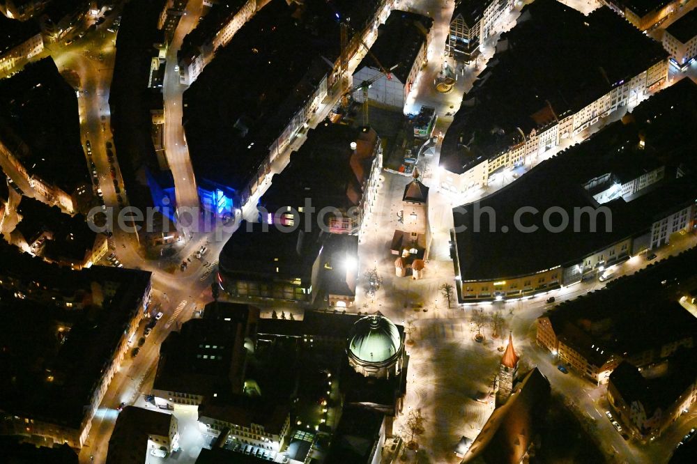 Aerial photograph at night Nürnberg - Night lighting Tower building Weisser Turm the rest of the former historic city walls in the district Altstadt - Sankt Lorenz in Nuremberg in the state Bavaria, Germany