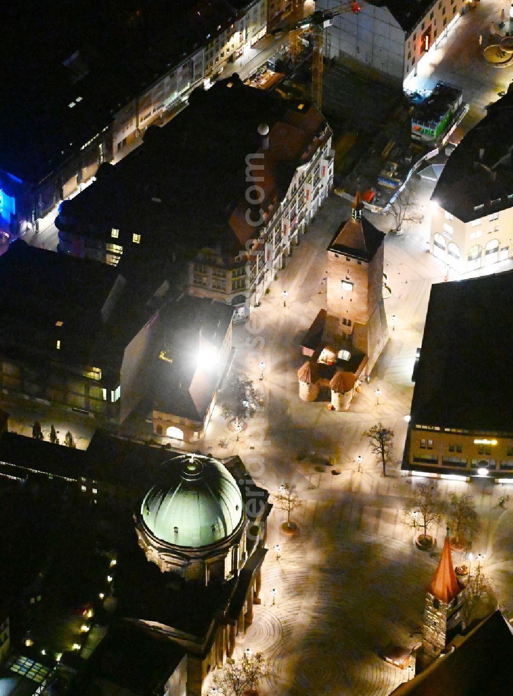 Aerial image at night Nürnberg - Night lighting Tower building Weisser Turm the rest of the former historic city walls in the district Altstadt - Sankt Lorenz in Nuremberg in the state Bavaria, Germany