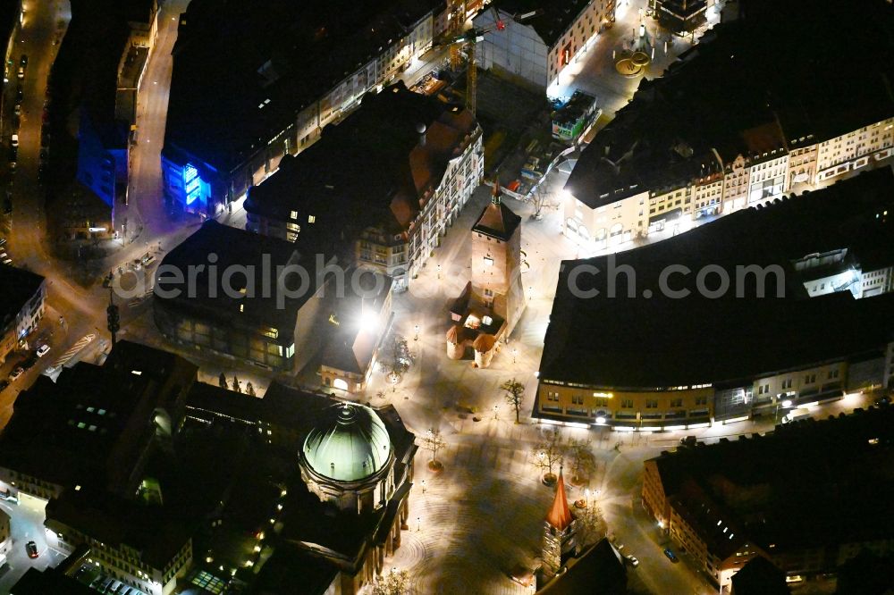 Nürnberg at night from above - Night lighting Tower building Weisser Turm the rest of the former historic city walls in the district Altstadt - Sankt Lorenz in Nuremberg in the state Bavaria, Germany