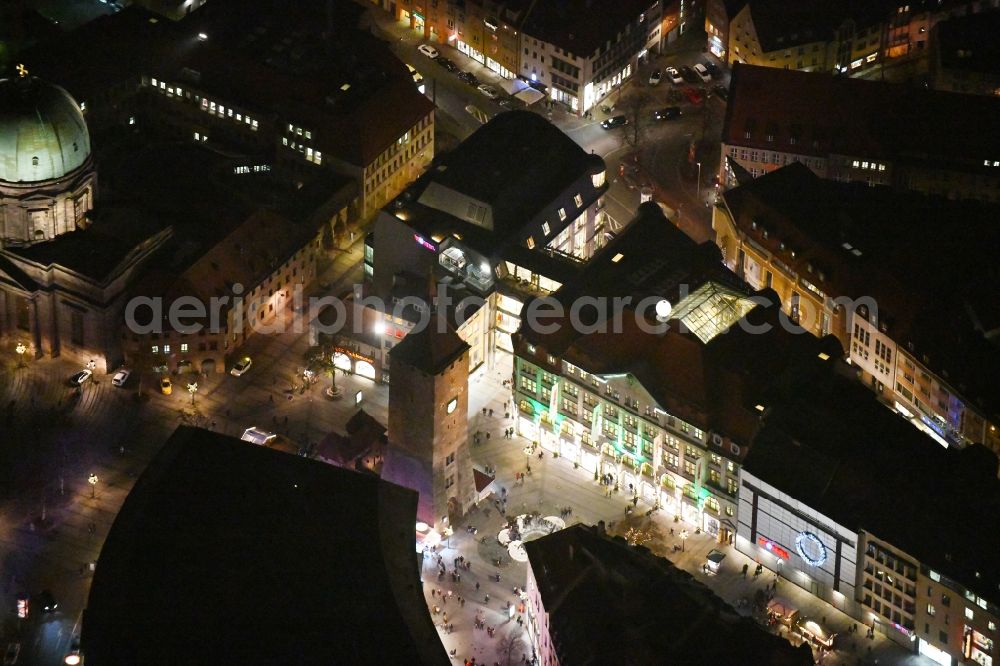 Aerial photograph at night Nürnberg - Night lighting Tower building Weisser Turm the rest of the former historic city walls in the district Altstadt - Sankt Lorenz in Nuremberg in the state Bavaria, Germany