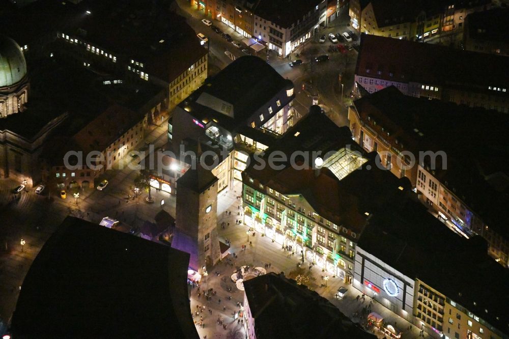Aerial image at night Nürnberg - Night lighting Tower building Weisser Turm the rest of the former historic city walls in the district Altstadt - Sankt Lorenz in Nuremberg in the state Bavaria, Germany