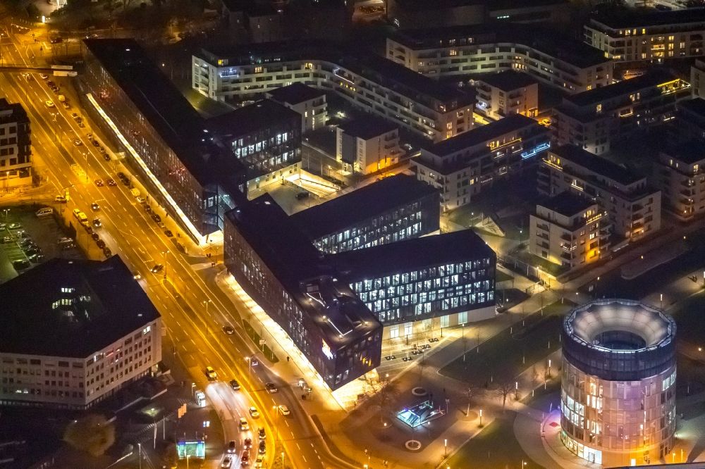 Essen at night from above - Night lighting administration building of the company of Funke Mediengruppe on Berliner Platz in Essen in the state North Rhine-Westphalia, Germany
