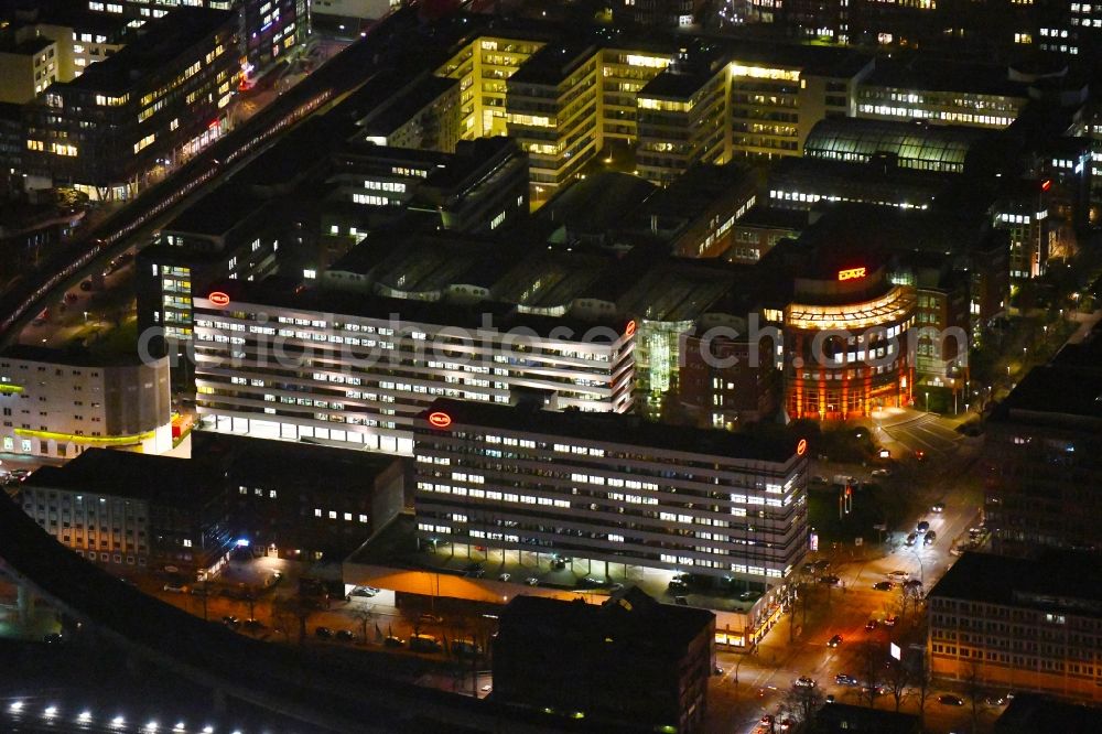 Aerial image at night Hamburg - Night lighting administration building of the company of HELM AG on Nordkanalstrasse in the district Hammerbrook in Hamburg, Germany