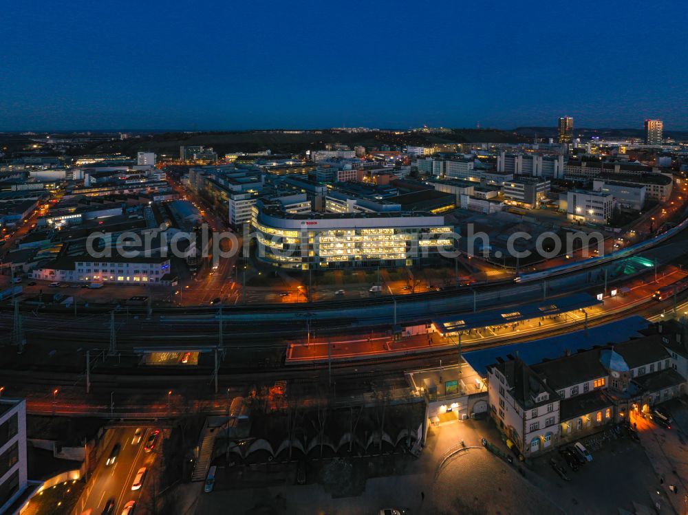 Stuttgart at night from the bird perspective: Night lighting administration building of the company of Robert-Bosch GmbH on Kruppstrasse in the district Feuerbach-Ost in Stuttgart in the state Baden-Wuerttemberg, Germany