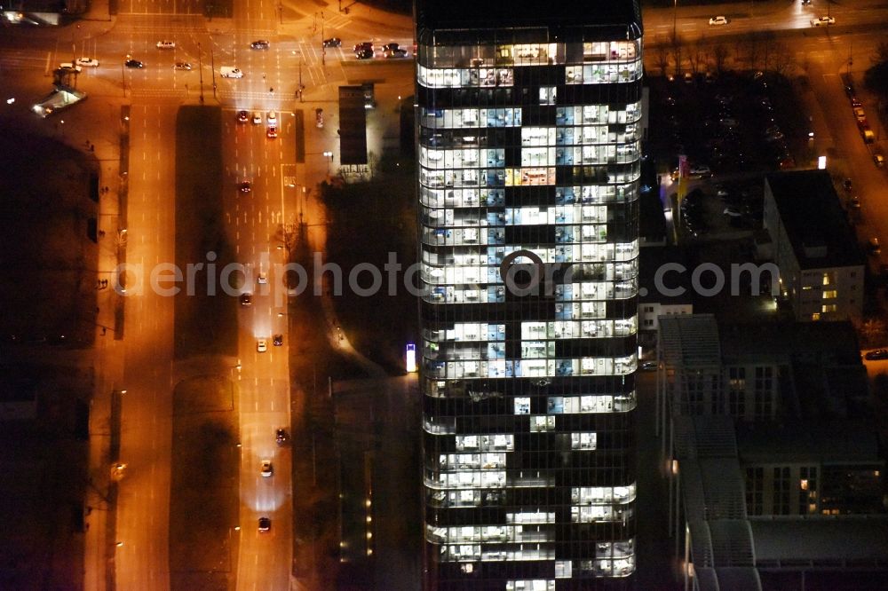 Aerial image at night München - Night lighting uptown high-rise building - headquarters of Telefonica Germany (O2) and Astellas Pharma GmbH on Georg-Brauchle-Ring in the Moosach district of Munich in the state of Bavaria