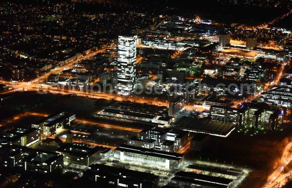 München at night from above - Night lighting uptown high-rise building - headquarters of Telefonica Germany (O2) and Astellas Pharma GmbH on Georg-Brauchle-Ring in the Moosach district of Munich in the state of Bavaria