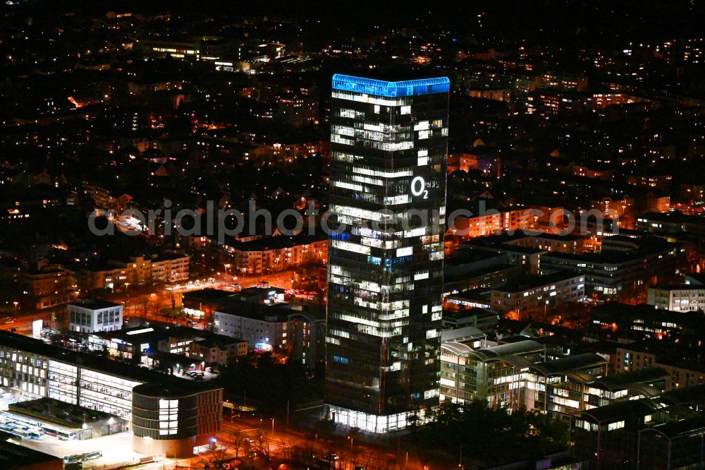 München at night from above - Night lighting uptown high-rise building - headquarters of Telefonica Germany (O2) and Astellas Pharma GmbH on Georg-Brauchle-Ring in the Moosach district of Munich in the state of Bavaria