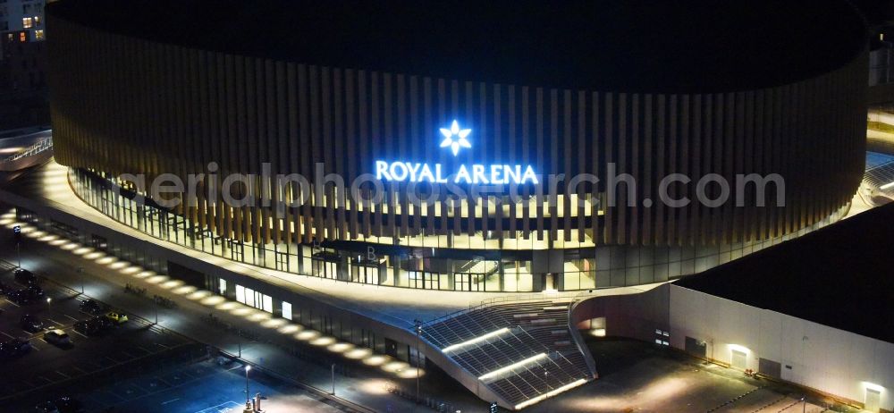 Kopenhagen at night from above - Night lighting Building of the indoor arena Royal Arena on Hannemanns Alle in Copenhagen in Region Hovedstaden, Denmark