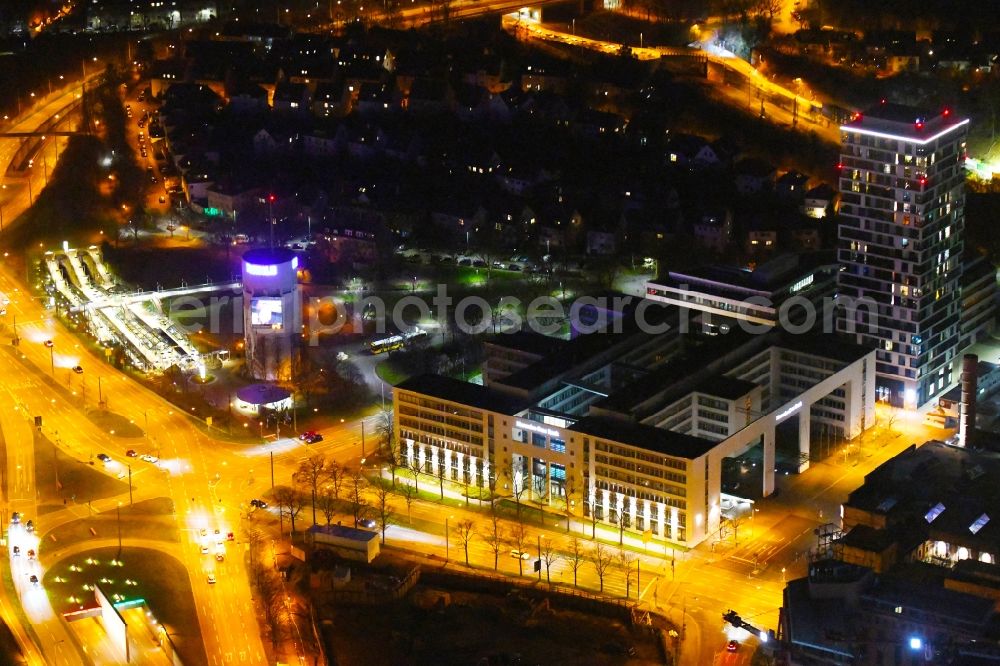 Aerial photograph at night Stuttgart - Night lighting banking administration building of the financial services company Mercedes-Benz-Bank in Stuttgart in the state Baden-Wurttemberg, Germany
