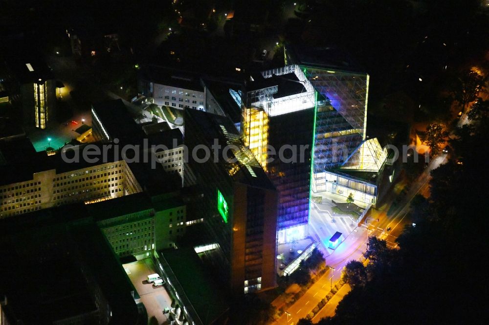 Münster at night from above - Night lighting Office and administration buildings of the insurance company LVM Versicherung - Zentrale on Kolde-Ring in the district Aaseestadt in Muenster in the state North Rhine-Westphalia, Germany