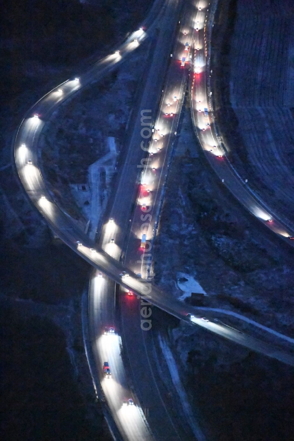 Aerial image at night Langerwisch - Night View on the motorway interchange Nuthetal (A 10 and A 115) at the citizen of Berlin ring