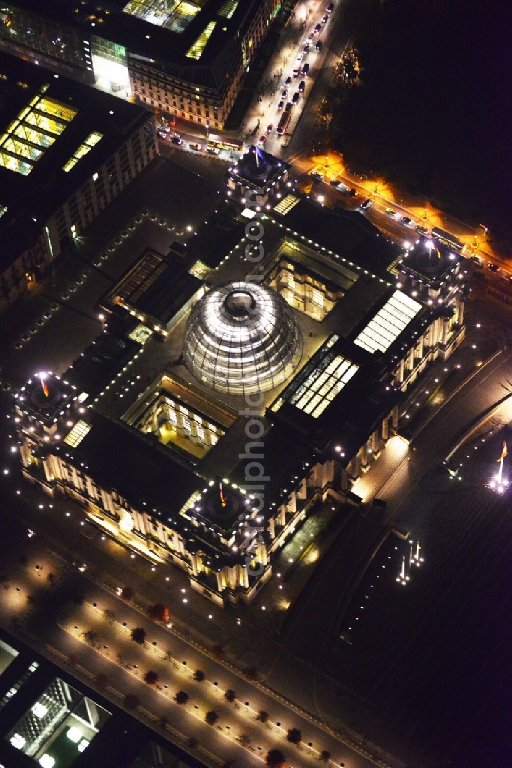 Berlin Mitte at night from above - Night aerial view from the roof and the dome of the Reichstag in Berlin - Mitte