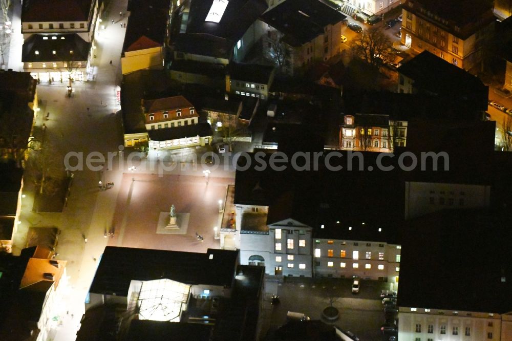 Weimar at night from the bird perspective: Night lighting Building of the concert hall and theater playhouse in Weimar in the state Thuringia, Germany