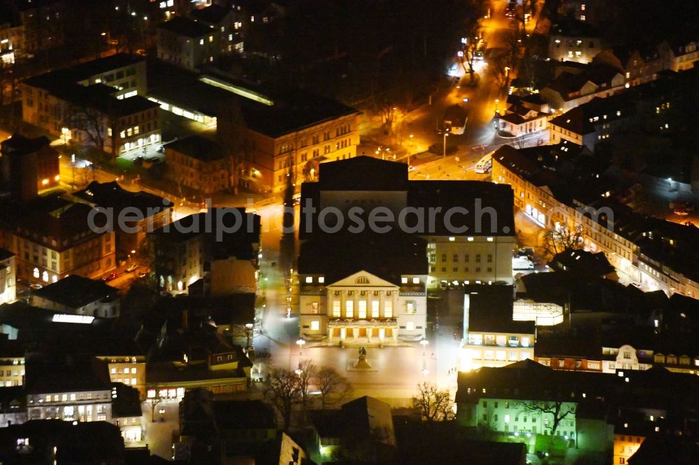 Weimar at night from above - Night lighting Building of the concert hall and theater playhouse in Weimar in the state Thuringia, Germany