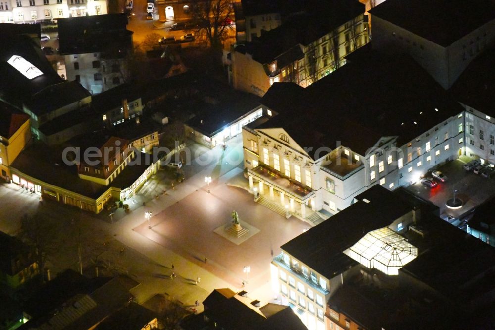 Weimar at night from the bird perspective: Night lighting Building of the concert hall and theater playhouse in Weimar in the state Thuringia, Germany