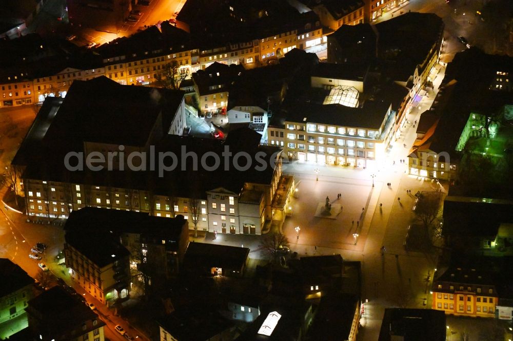Aerial image at night Weimar - Night lighting Building of the concert hall and theater playhouse in Weimar in the state Thuringia, Germany