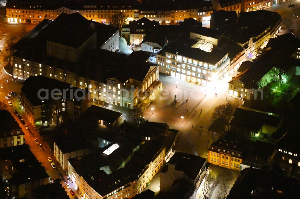 Weimar at night from above - Night lighting Building of the concert hall and theater playhouse in Weimar in the state Thuringia, Germany