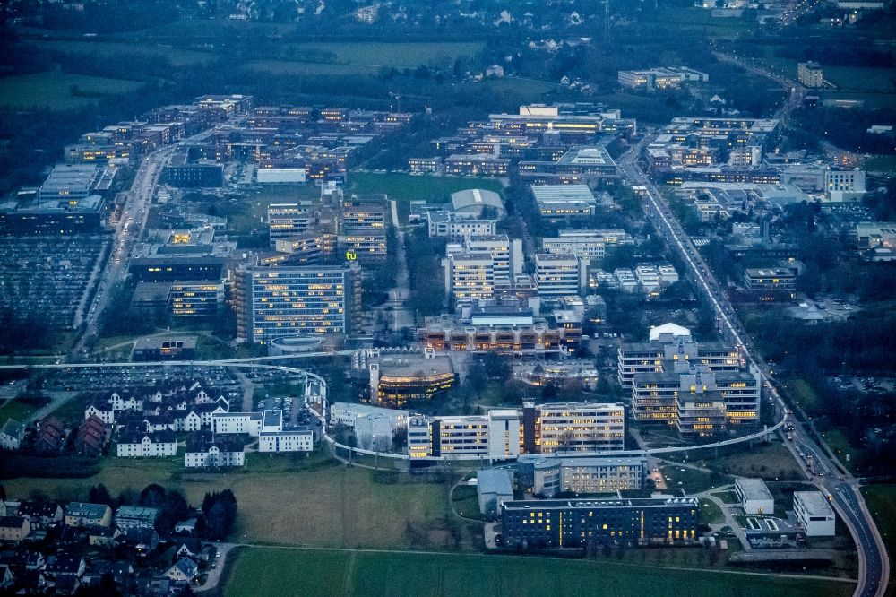 Dortmund at night from above - Night view at the North Campus of the Technical University Dortmund in the federal state North Rhine-Westphalia. Among others the Institute For Analytical Science, the Departments of thermodynamics and Biotechnology, Electrical Drives, economics and social sciences, the Fraunhofer Institute for Material Flow and Logistics, the Max Planck Institute of Molecular Physiology and the University Library are located here