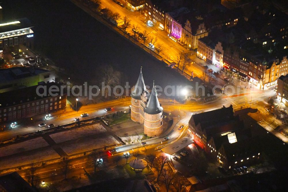 Lübeck at night from above - Night view holsten Gate in the city center of the old town - center of Luebeck in Schleswig-Holstein