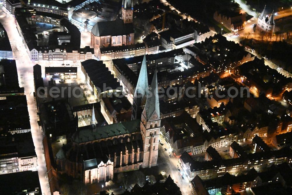 Lübeck at night from above - Night view church building of the Marienkirche on Marienkirchhof Old Town- center of downtown in Luebeck in the state Schleswig-Holstein