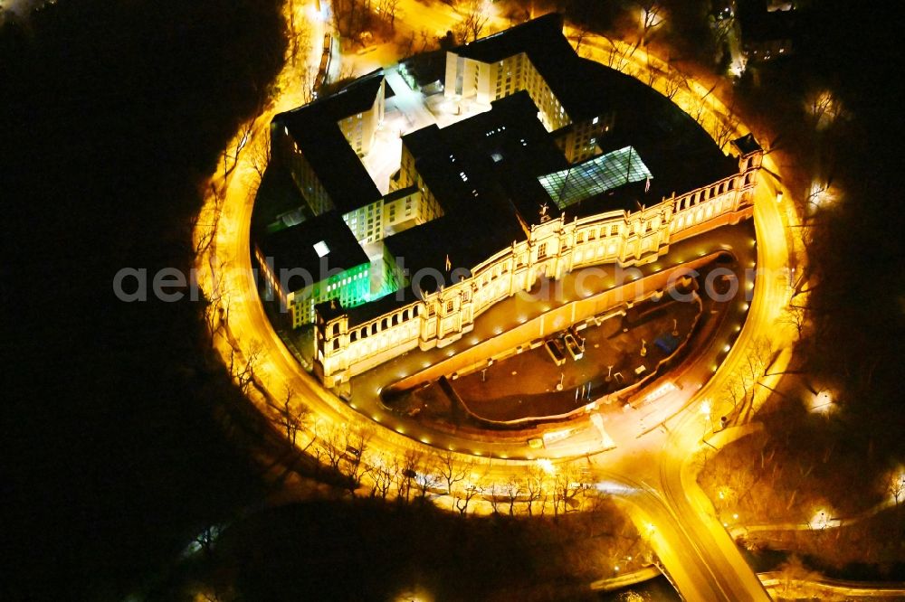 München at night from above - Night view of palatial building Maximilianeum in the Haidhausen part of Munich in the state of Bavaria. The historic building is located on the Maximilian Bridge and includes the foundation Maximilianeum and has been seat of the Bavarian parliament