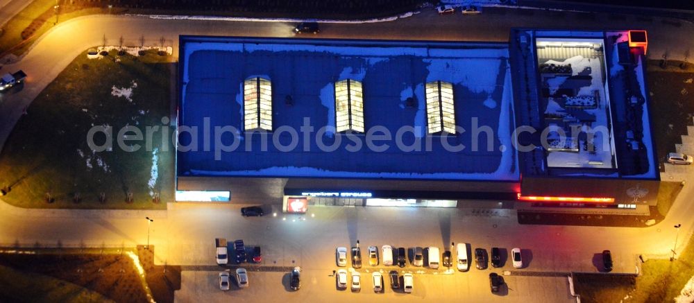 Aerial image at night Bergkirchen - Night aerial of the new building of the clothing store Engelbert Strauss in Bergkirchen in Bavaria