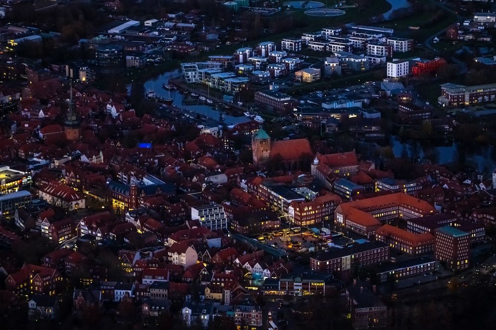 Stade at night from the bird perspective: Night aerial view of the old town and Hafencity in Stade in the state Lower Saxony, Germany in the state Lower Saxony, Germany.y