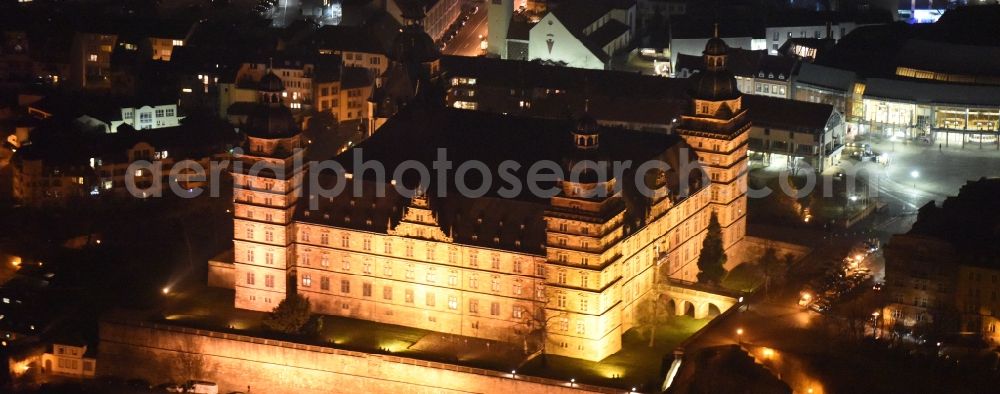 Aerial image at night Aschaffenburg - Night view Building and castle park systems of water castle Johannisburg in Aschaffenburg in the state Bavaria