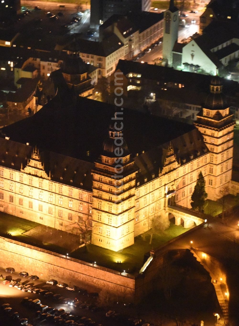 Aerial photograph at night Aschaffenburg - Night view Building and castle park systems of water castle Johannisburg in Aschaffenburg in the state Bavaria