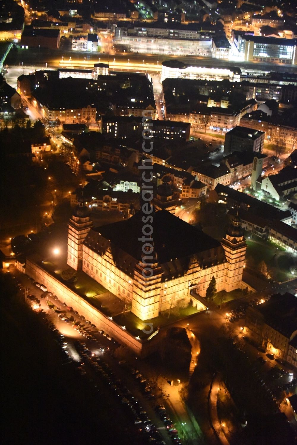 Aschaffenburg at night from above - Night view Building and castle park systems of water castle Johannisburg in Aschaffenburg in the state Bavaria