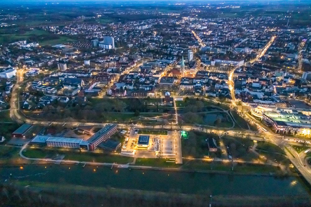 Hamm at night from above - Night lighting water sports center on Adenauerallee in Hamm at Ruhrgebiet in the state North Rhine-Westphalia, Germany