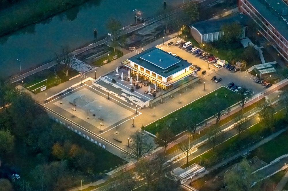 Aerial image at night Hamm - Night lighting water sports center on Adenauerallee in Hamm at Ruhrgebiet in the state North Rhine-Westphalia, Germany