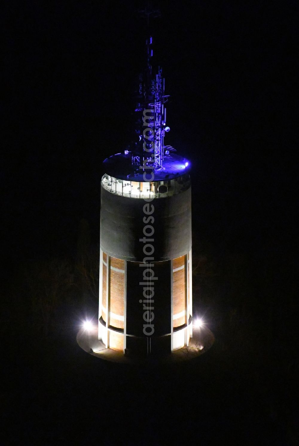 Aerial image at night Pforzheim - Night lighting radio tower and transmitter on the crest of the mountain range on Wartbergallee in Pforzheim in the state Baden-Wurttemberg, Germany