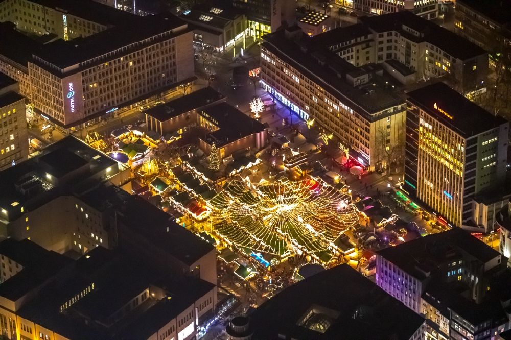 Essen at night from above - Night lighting christmas - event site in Essen in the state North Rhine-Westphalia, Germany