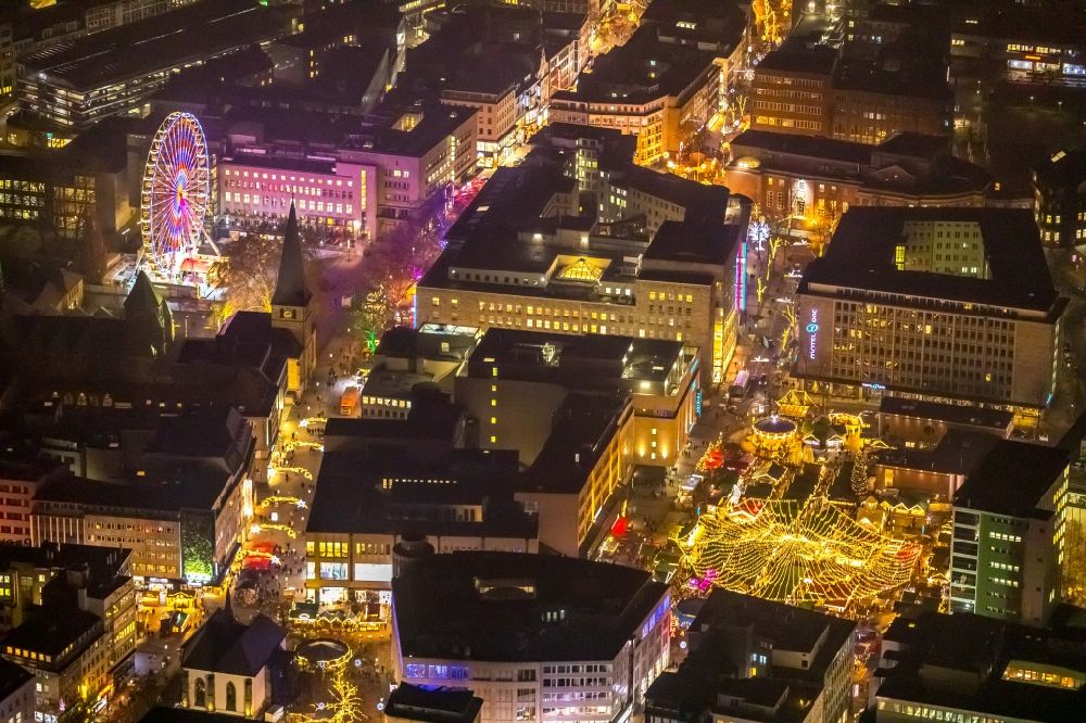 Aerial photograph at night Essen - Night lighting christmas - event site in Essen in the state North Rhine-Westphalia, Germany