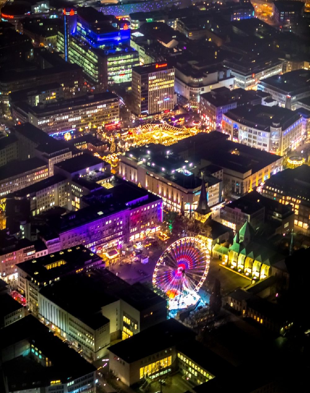 Aerial photograph at night Essen - Night lighting christmas - event site in Essen in the state North Rhine-Westphalia, Germany