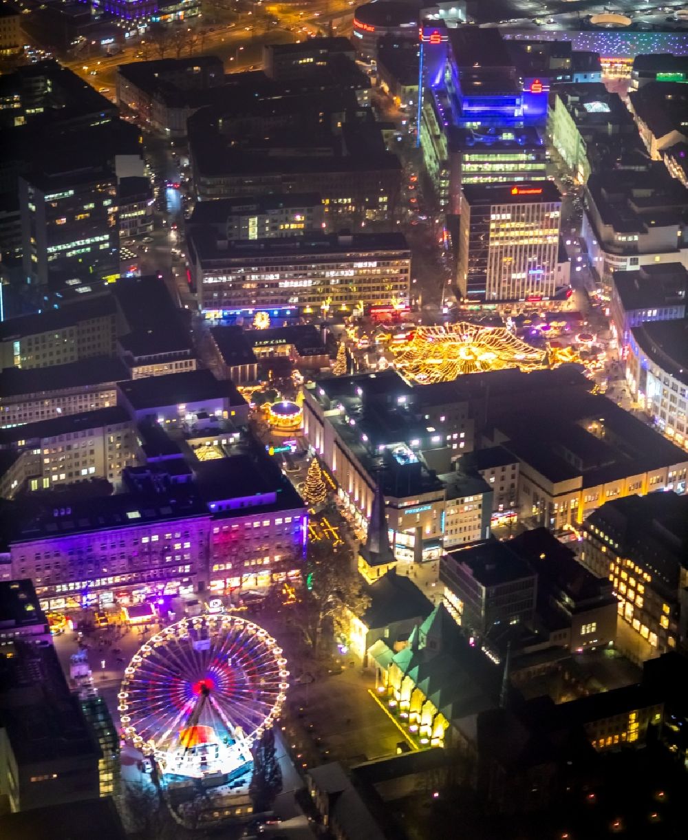 Aerial image at night Essen - Night lighting christmas - event site in Essen in the state North Rhine-Westphalia, Germany