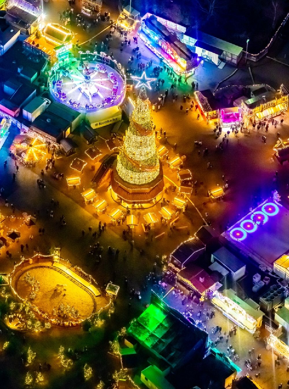 Aerial image at night Herne - Night lighting christmas market - event area in the district Wanne-Eickel in Herne in the state North Rhine-Westphalia, Germany