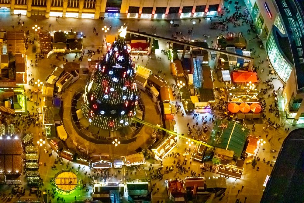 Dortmund at night from above - Night lighting christmassy market event grounds and sale huts and booths on Hansaplatz in Dortmund in the state North Rhine-Westphalia, Germany