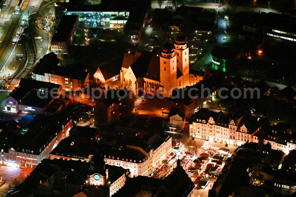 Plauen at night from above - Night lighting christmassy market event grounds and sale huts and booths on street Marktstrasse - Altmarkt in Plauen in Vogtland in the state Saxony, Germany